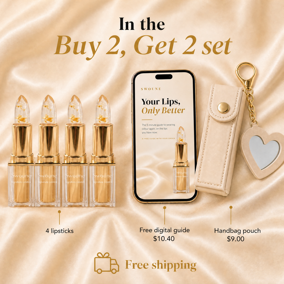 Swoune Buy 2 Get 2 set - 4 lipsticks, digital guide $10.40, handbag pouch $9.00, free shipping