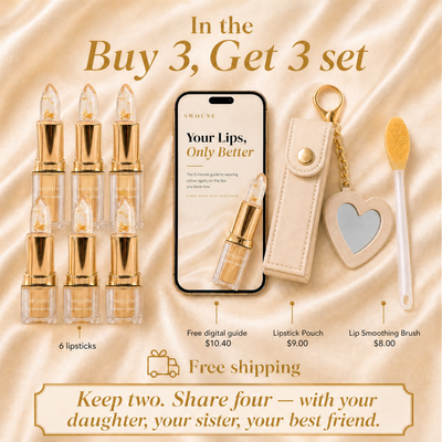 Buy 3 Get 3 Set - 6 lipsticks, free digital guide ($10.40), lipstick pouch ($9.00), lip smoothing brush ($8.00), free shipping