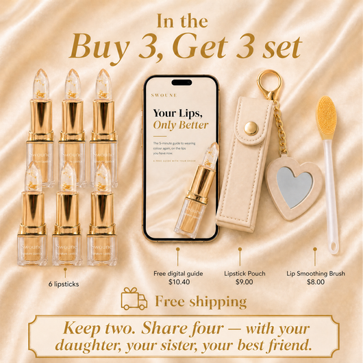 Buy 3 Get 3 Set - 6 lipsticks, free digital guide ($10.40), lipstick pouch ($9.00), lip smoothing brush ($8.00), free shipping